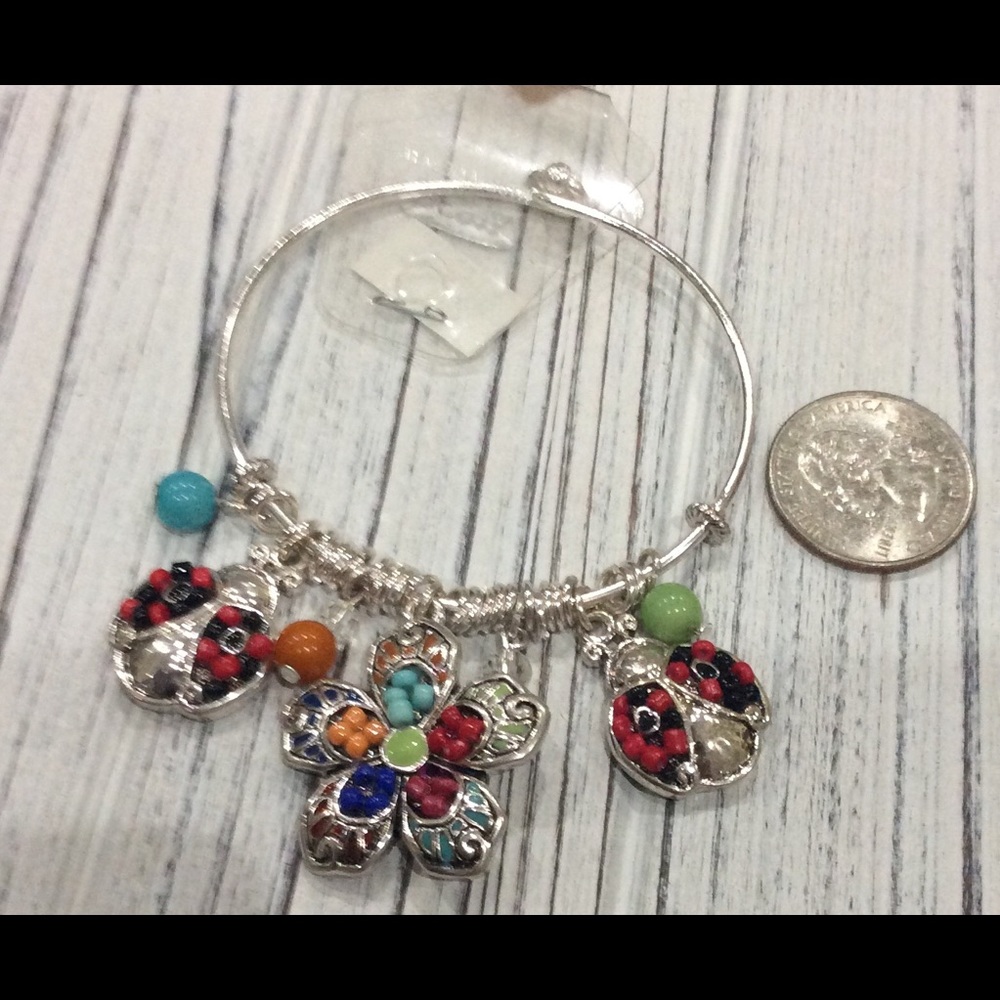 Mosaic Ladybug & Flower Charm Wire Bracelet - Picture 3 of 3